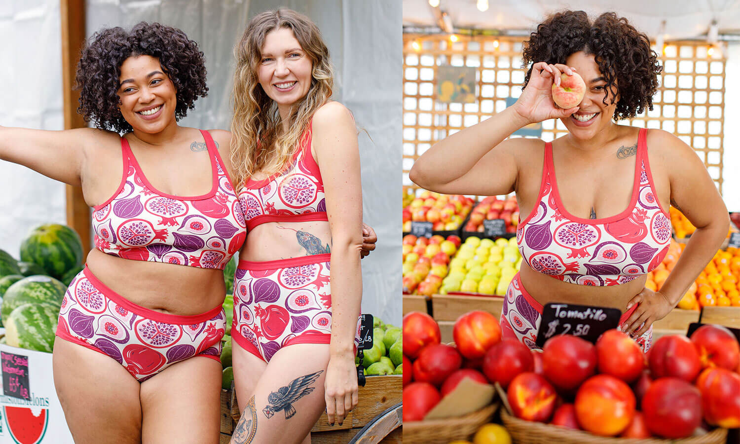 Models wearing various Thunderpants items in Two Fruits - pomegranates and figs.