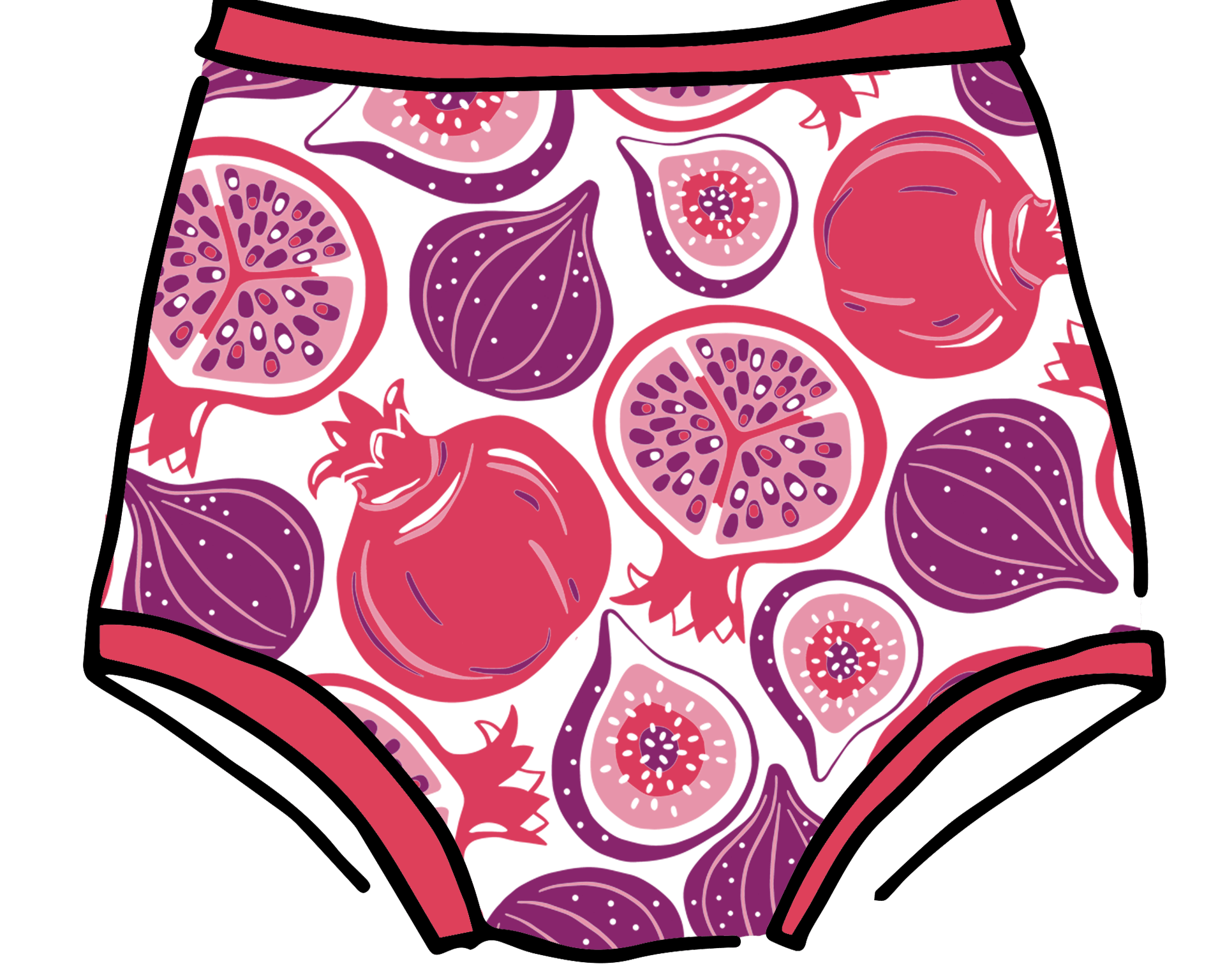 Drawing of Thunderpants Sky Rise style underwear in Two Fruits print - pomegranates and figs.