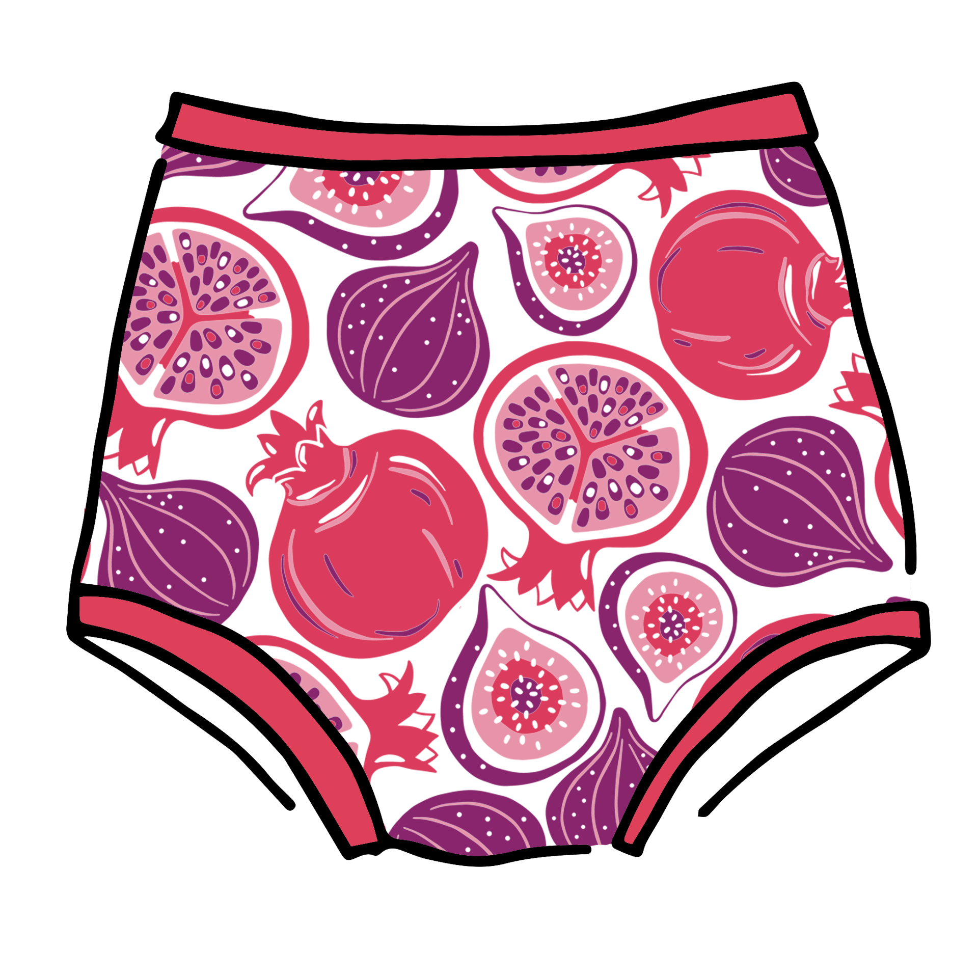 Drawing of Thunderpants Sky Rise style underwear in Two Fruits print - pomegranates and figs.
