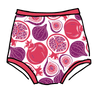 Drawing of Thunderpants Sky Rise style underwear in Two Fruits print - pomegranates and figs.