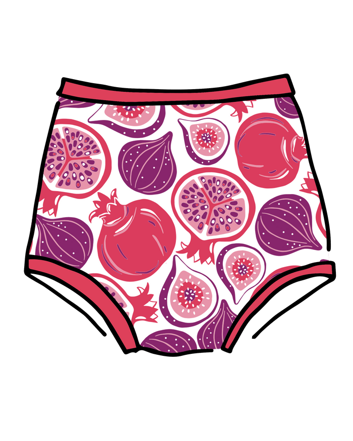 Drawing of Thunderpants Sky Rise style underwear in Two Fruits print - pomegranates and figs.