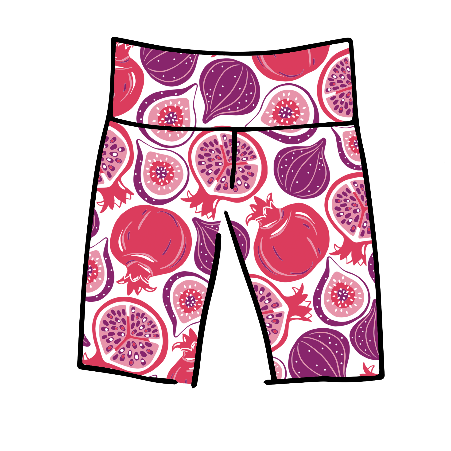 Drawing of Thunderpants Bike Shorts in Two Fruits print - pomegranates and figs.