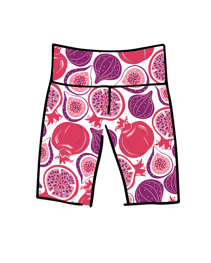 Drawing of Thunderpants Bike Shorts in Two Fruits print - pomegranates and figs.