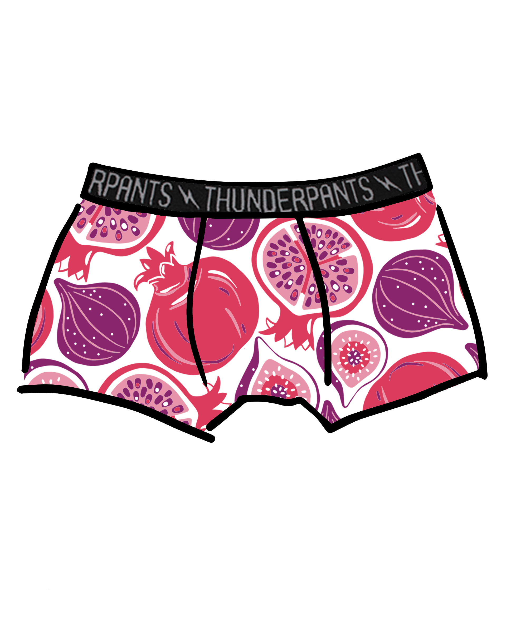 Drawing of Thunderpants Boxer Brief style underwear in Two Fruits print - pomegranates and figs.