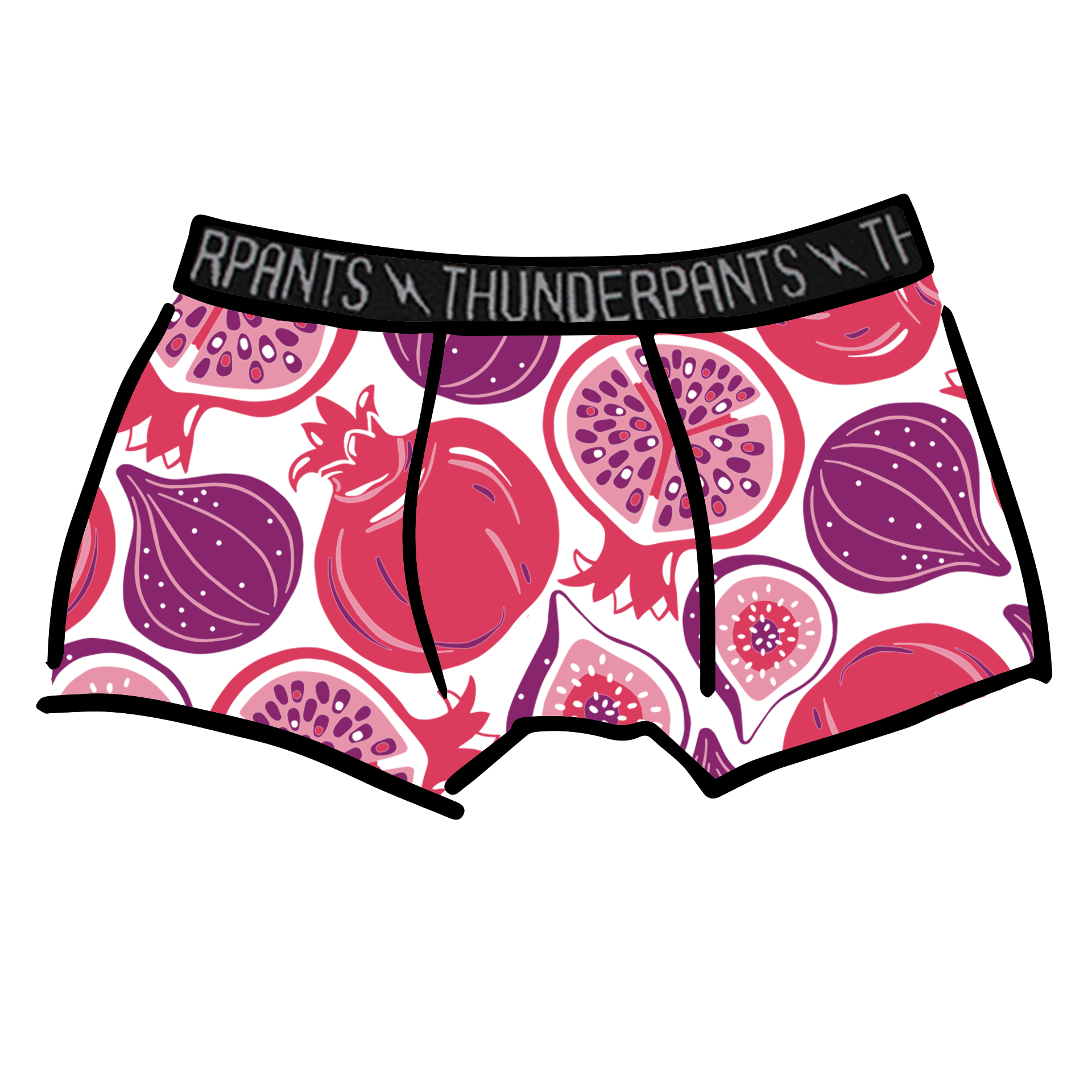 Drawing of Thunderpants Boxer Brief style underwear in Two Fruits print - pomegranates and figs.
