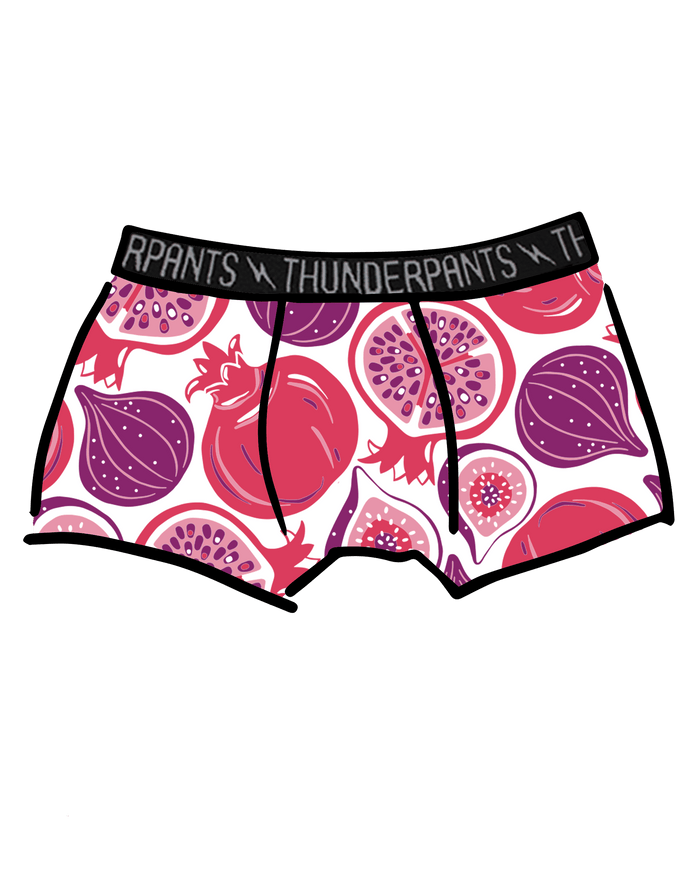 Drawing of Thunderpants Boxer Brief style underwear in Two Fruits print - pomegranates and figs.