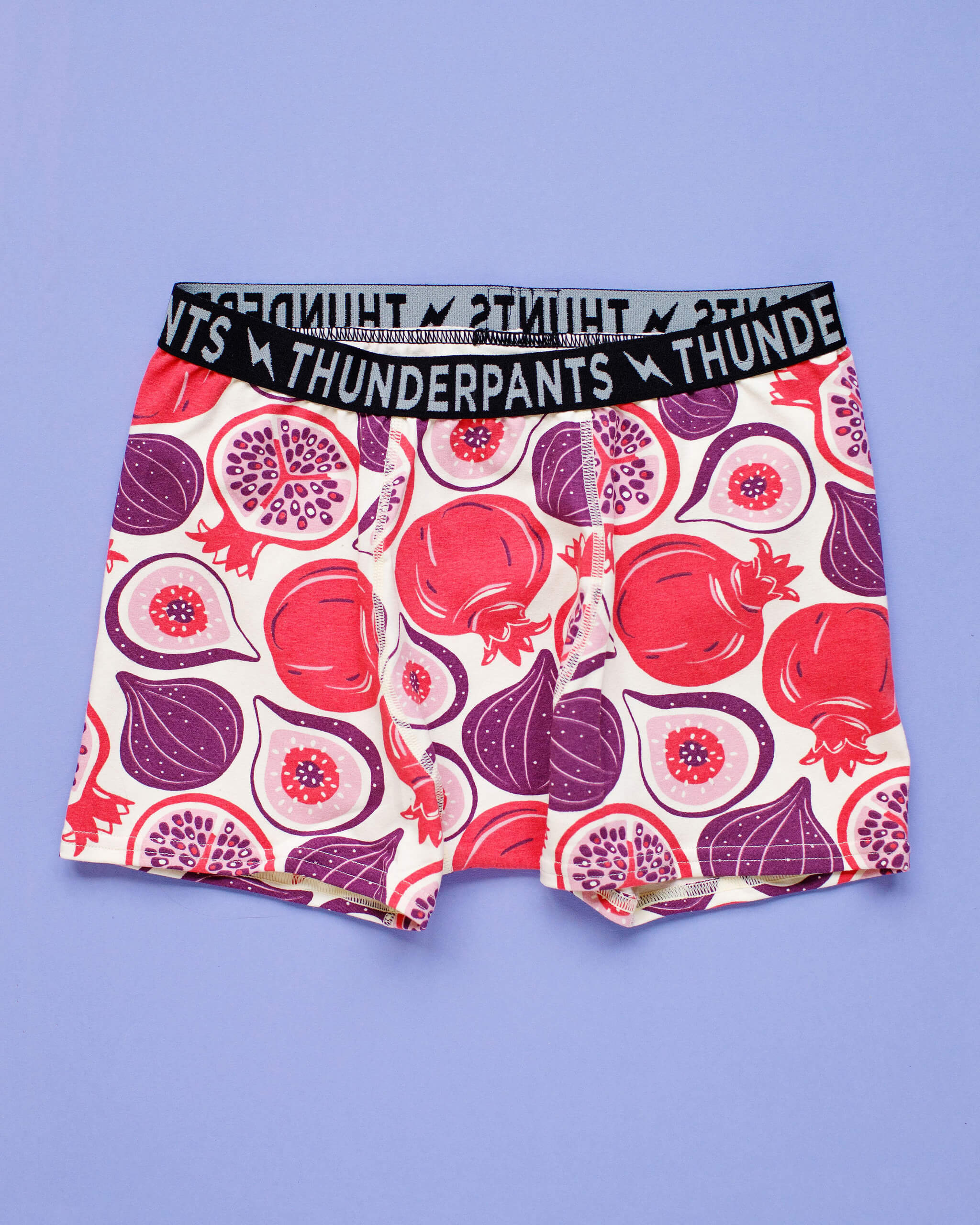 Flat lay of Thunderpants Boxer Briefs in Two Fruits print - figs and pomegranates.