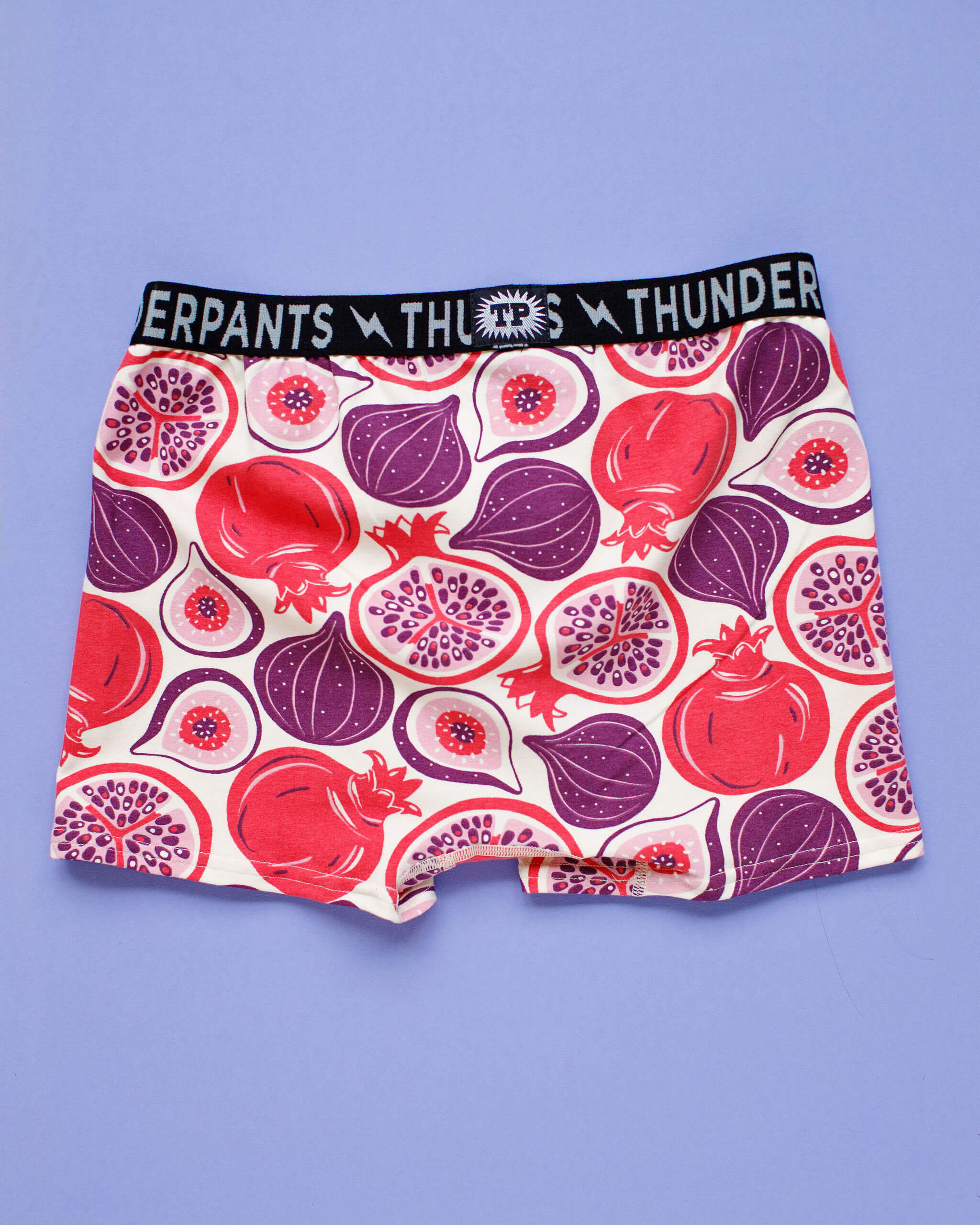 Flat lay of Thunderpants Boxer Briefs in Two Fruits print - figs and pomegranates.