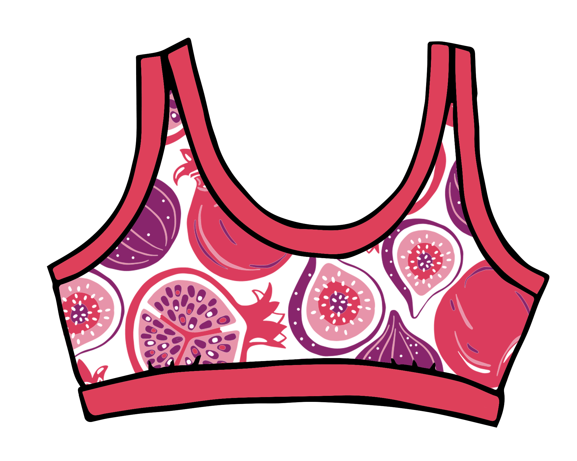 Drawing of Thunderpants Bralette in Two Fruits print - pomegranates and figs.