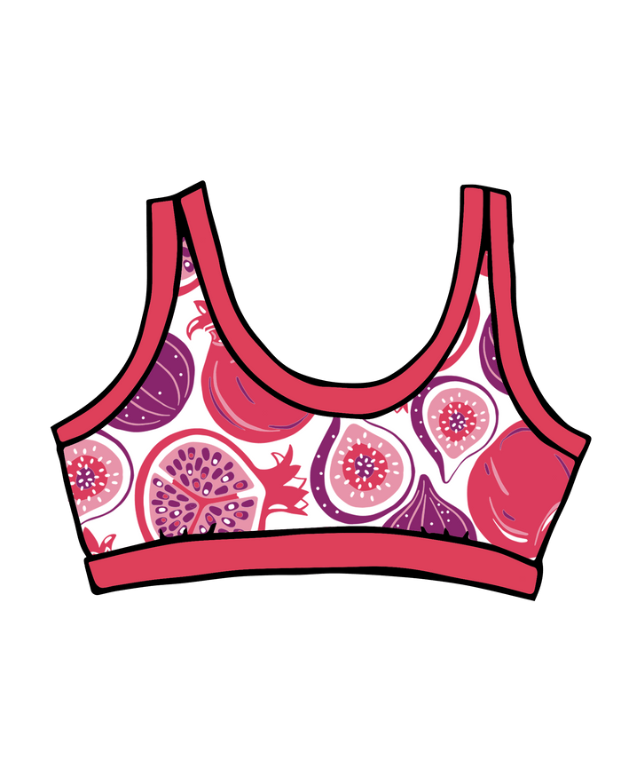 Drawing of Thunderpants Bralette in Two Fruits print - pomegranates and figs.