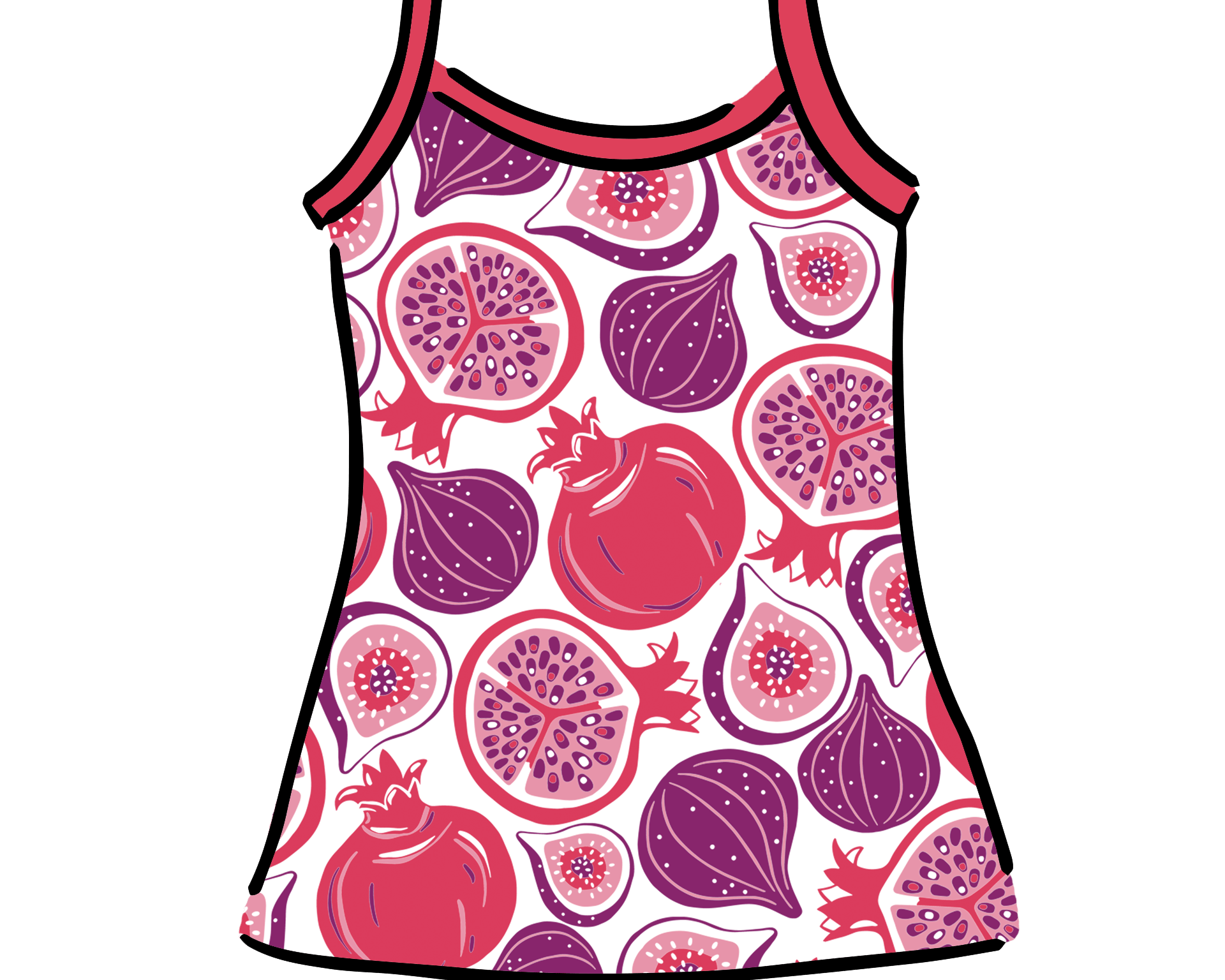 Drawing of Thunderpants Camisole in Two Fruits print - pomegranates and figs.