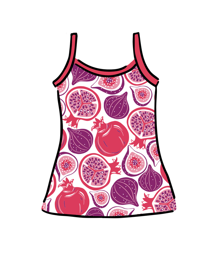 Drawing of Thunderpants Camisole in Two Fruits print - pomegranates and figs.