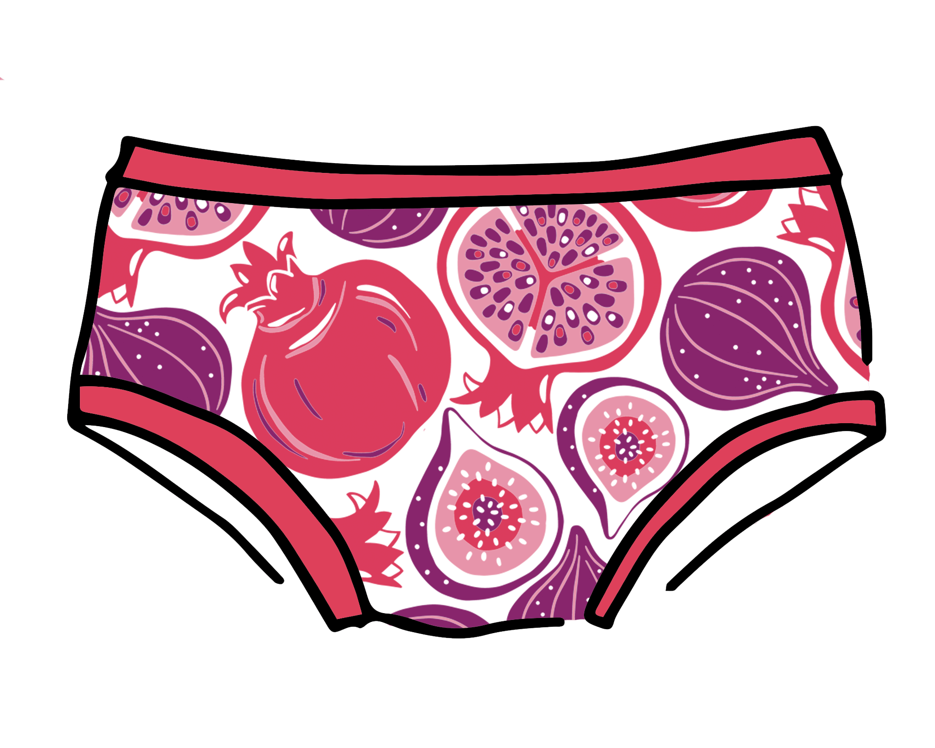 Drawing of Thunderpants Hipster style underwear in Two Fruits print - pomegranates and figs.