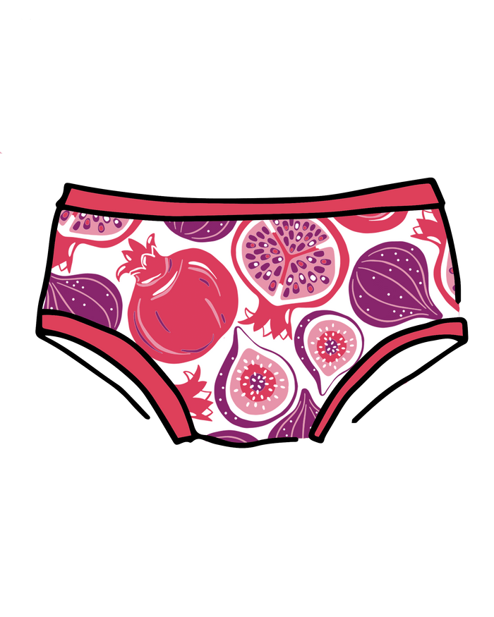 Drawing of Thunderpants Hipster style underwear in Two Fruits print - pomegranates and figs.