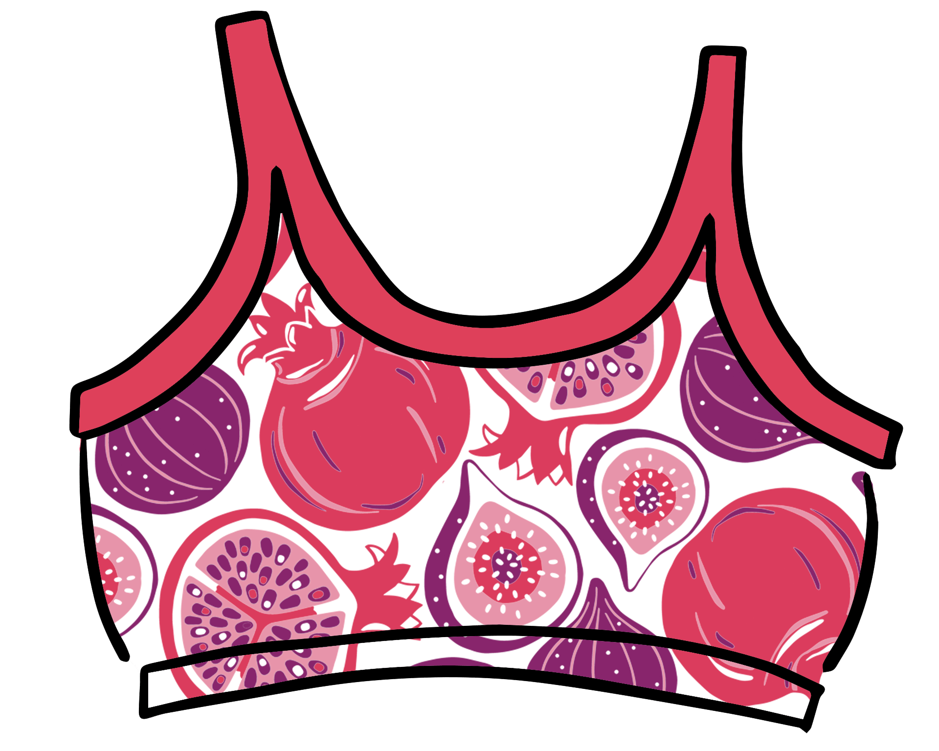 Drawing of Thunderpants Long Line Bra in Two Fruits print - pomegranates and figs.
