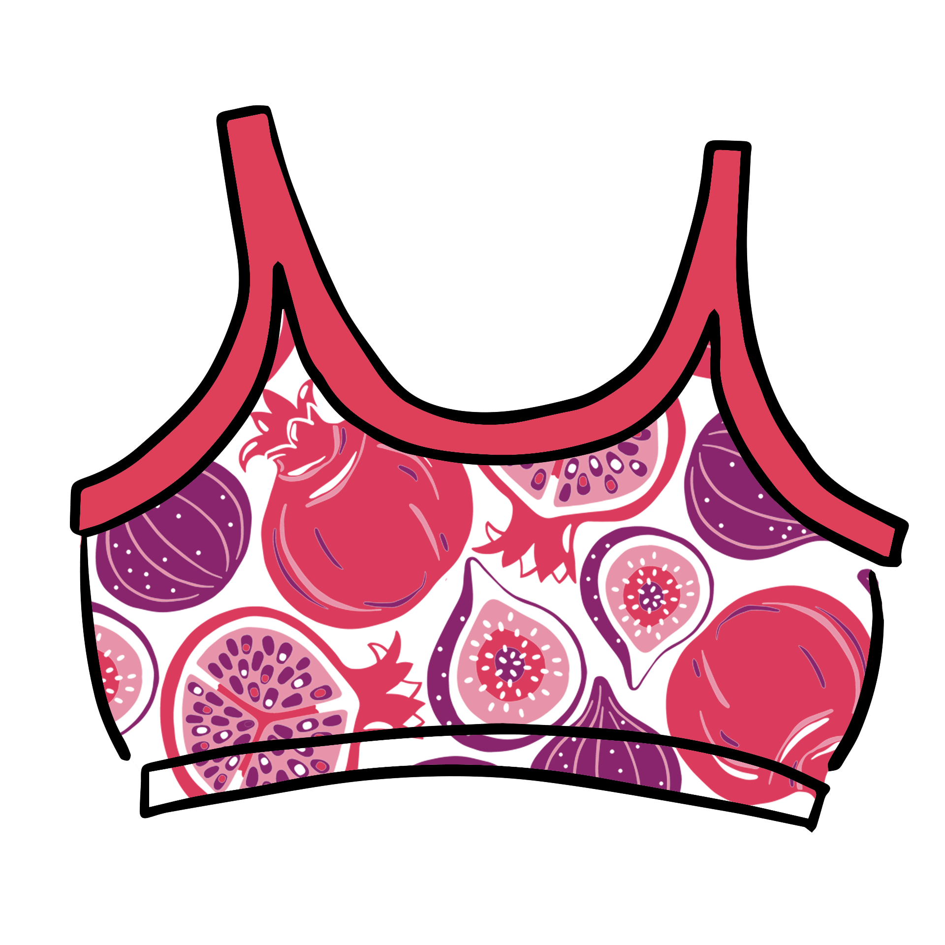 Drawing of Thunderpants Long Line Bra in Two Fruits print - pomegranates and figs.