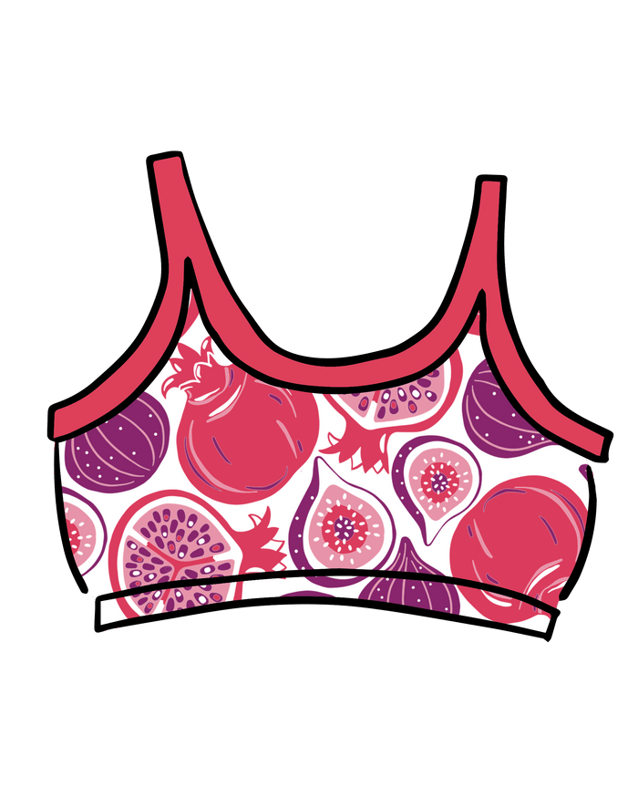 Drawing of Thunderpants Long Line Bra in Two Fruits print - pomegranates and figs.