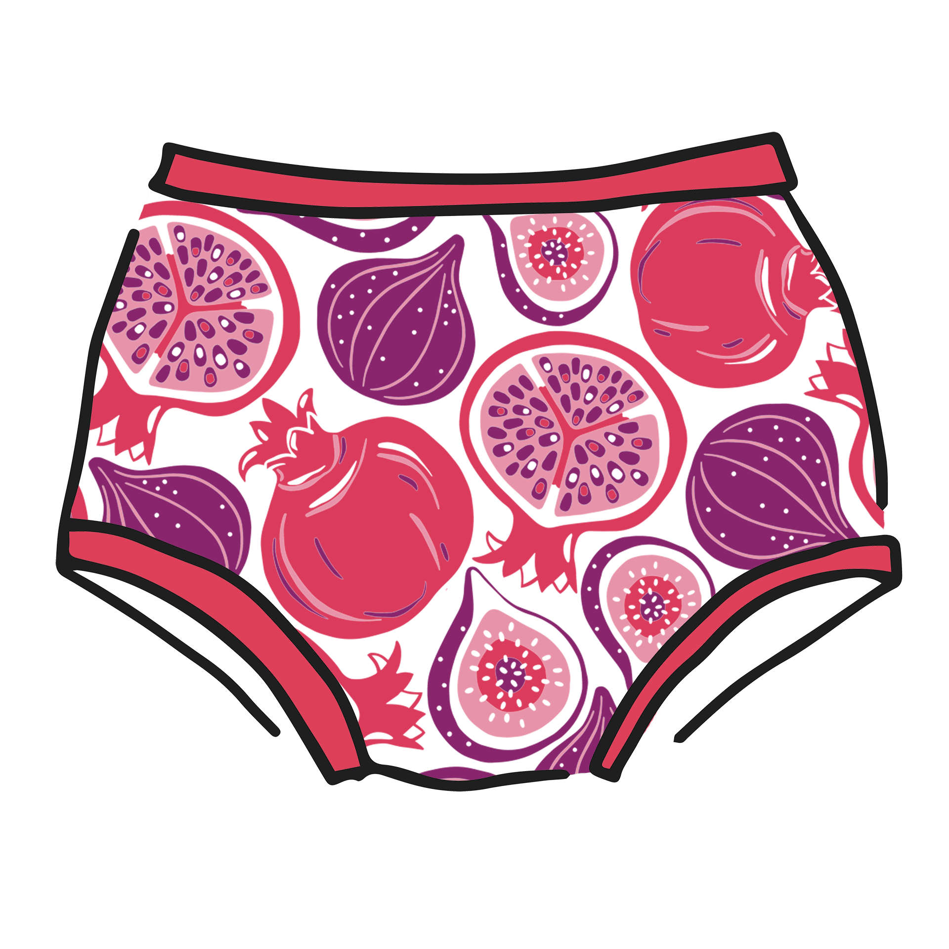 Drawing of Thunderpants Original style underwear in Two Fruits print - pomegranates and figs.