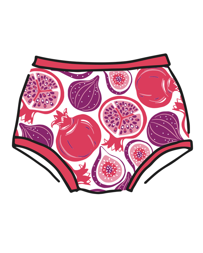 Drawing of Thunderpants Original style underwear in Two Fruits print - pomegranates and figs.