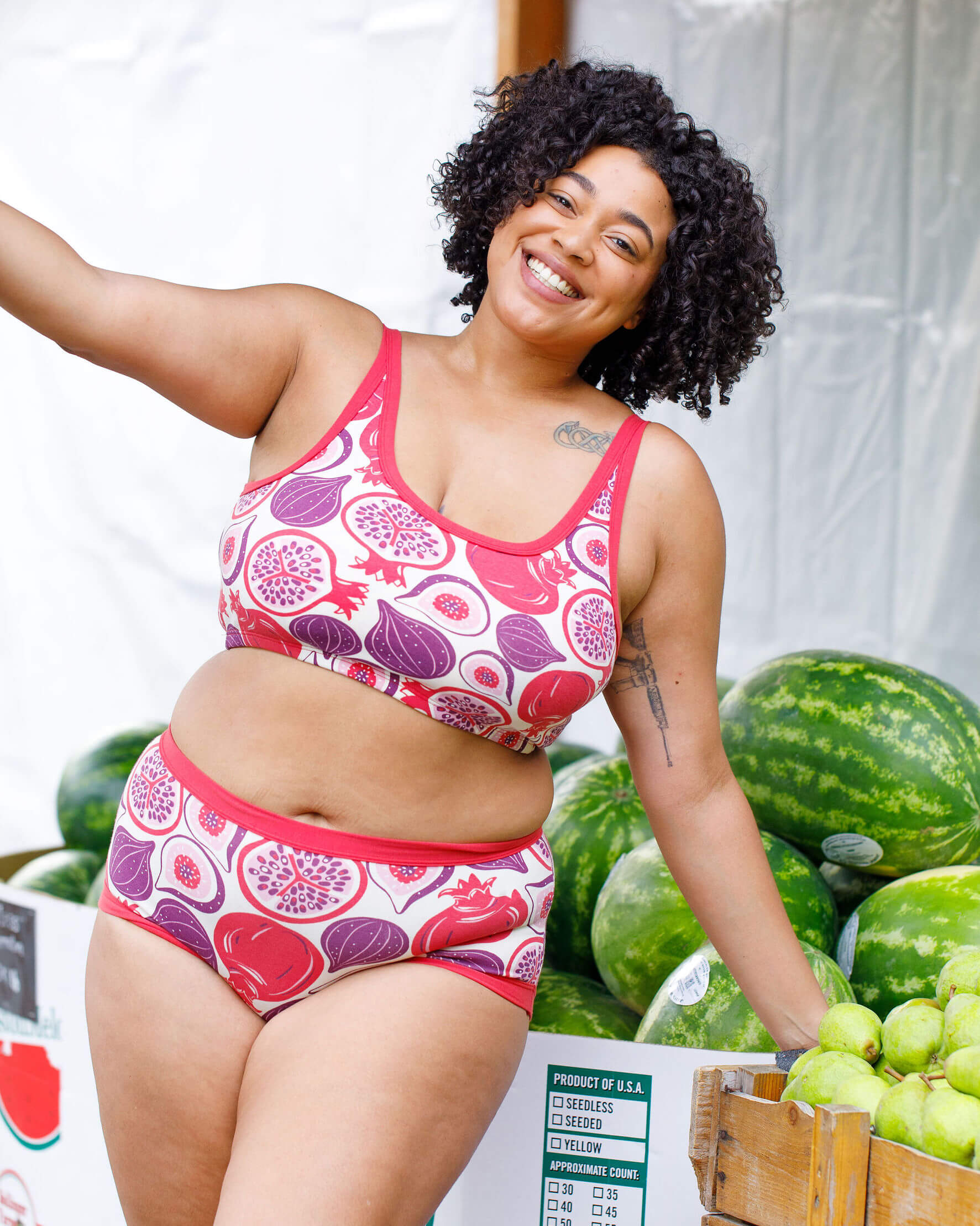 Model wearing Thunderpants Original style underwear and Longline Bra in Two Fruits - pomegranates and figs.