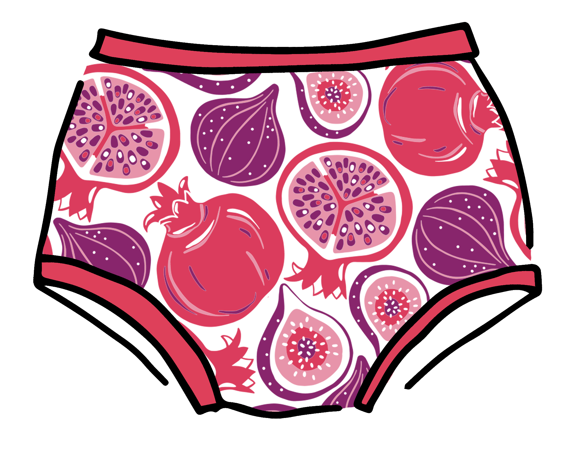 Drawing of Thunderpants Original style underwear in Two Fruits print.