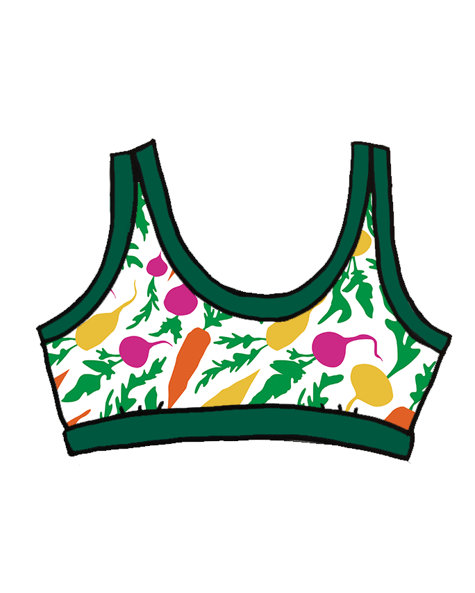 Drawing of Thunderants Bralette in Root Veggies print - yellow, orange, pink, and green vegetables.
