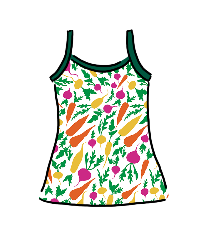 Drawing of Thunderants Camisole in Root Veggies print - yellow, orange, pink, and green vegetables.