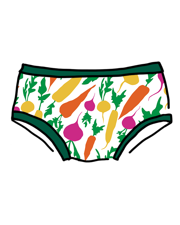 Drawing of  Thunderants Hipster style underwear in Root Veggies print - yellow, orange, pink, and green vegetables.