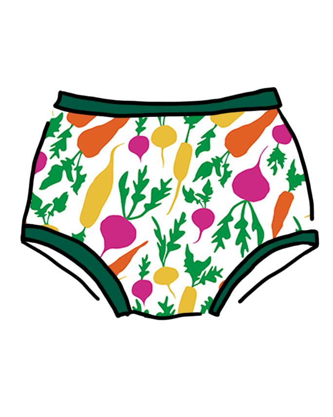 Drawing of Thunderants Original style underwear in Root Veggies print - yellow, orange, pink, and green vegetables.