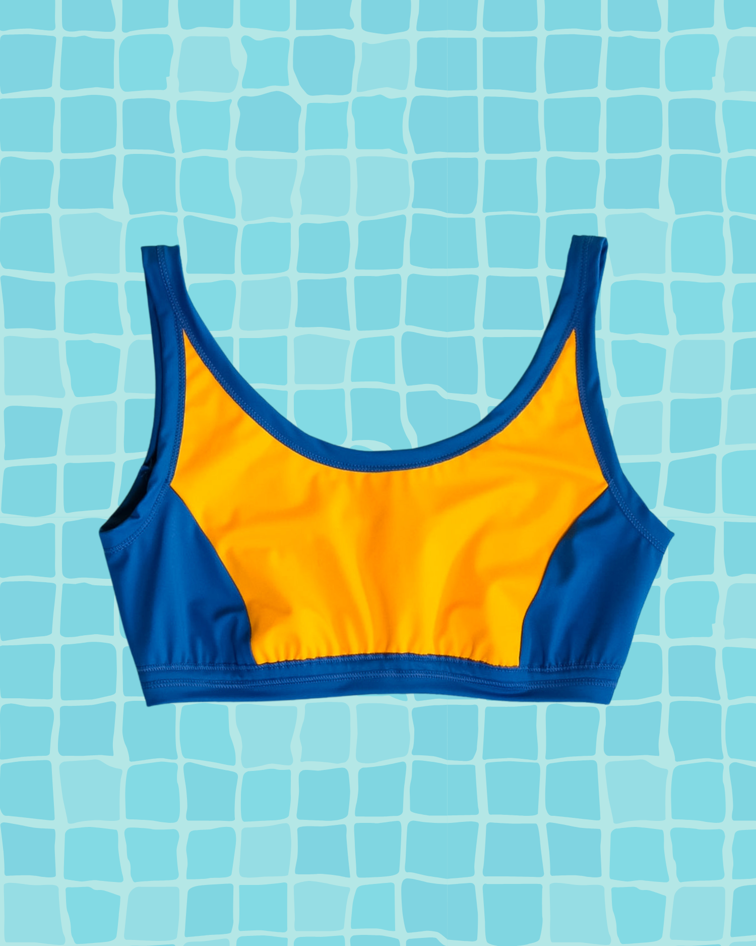 Flat lay of Thunderpants US yellow and blue paneled Swimwear Top. 