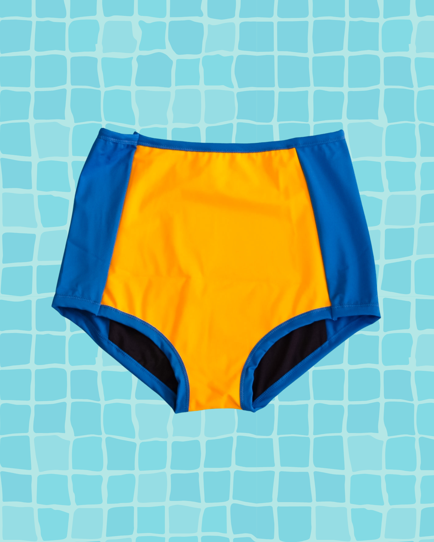 Flay lay of Thunderpants US yellow and blue paneled Sky Rise style Swimwear Bottom.