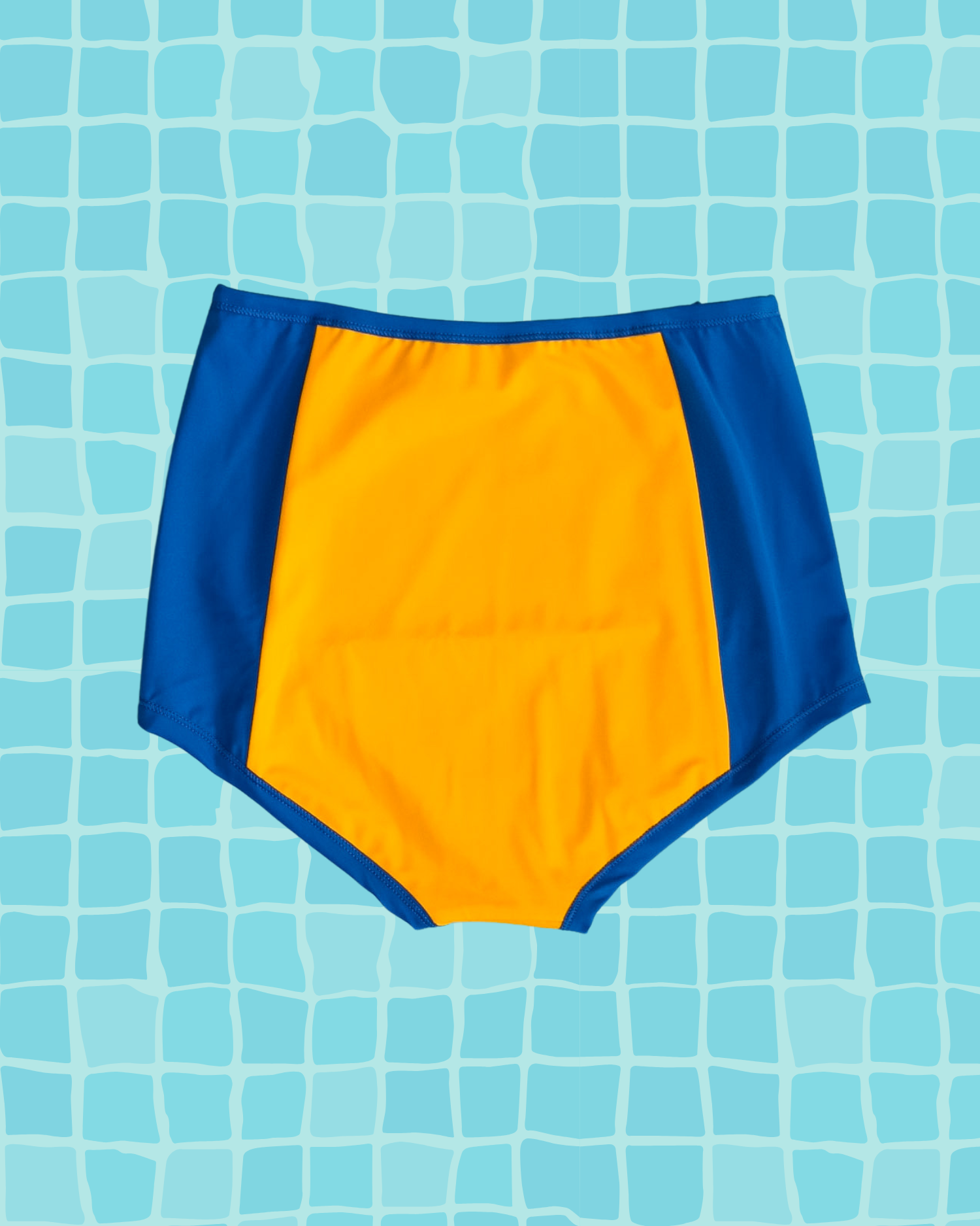 Drawing of Thunderpants US yellow and blue paneled Sky Rise style Swimwear Bottom.