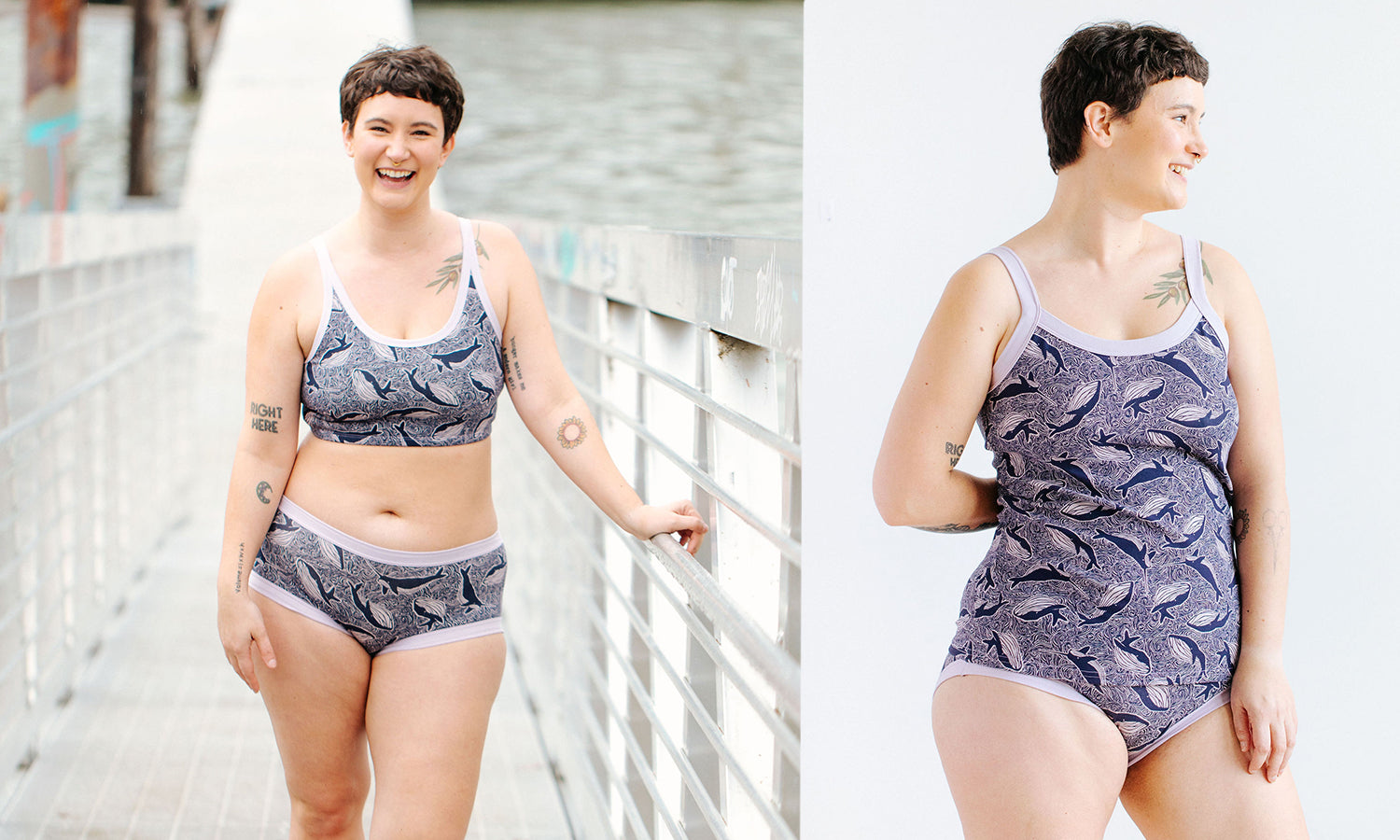 Model wearing various Thunderpants products in Whale, Whale, Whale - whales in indigo on lavender.