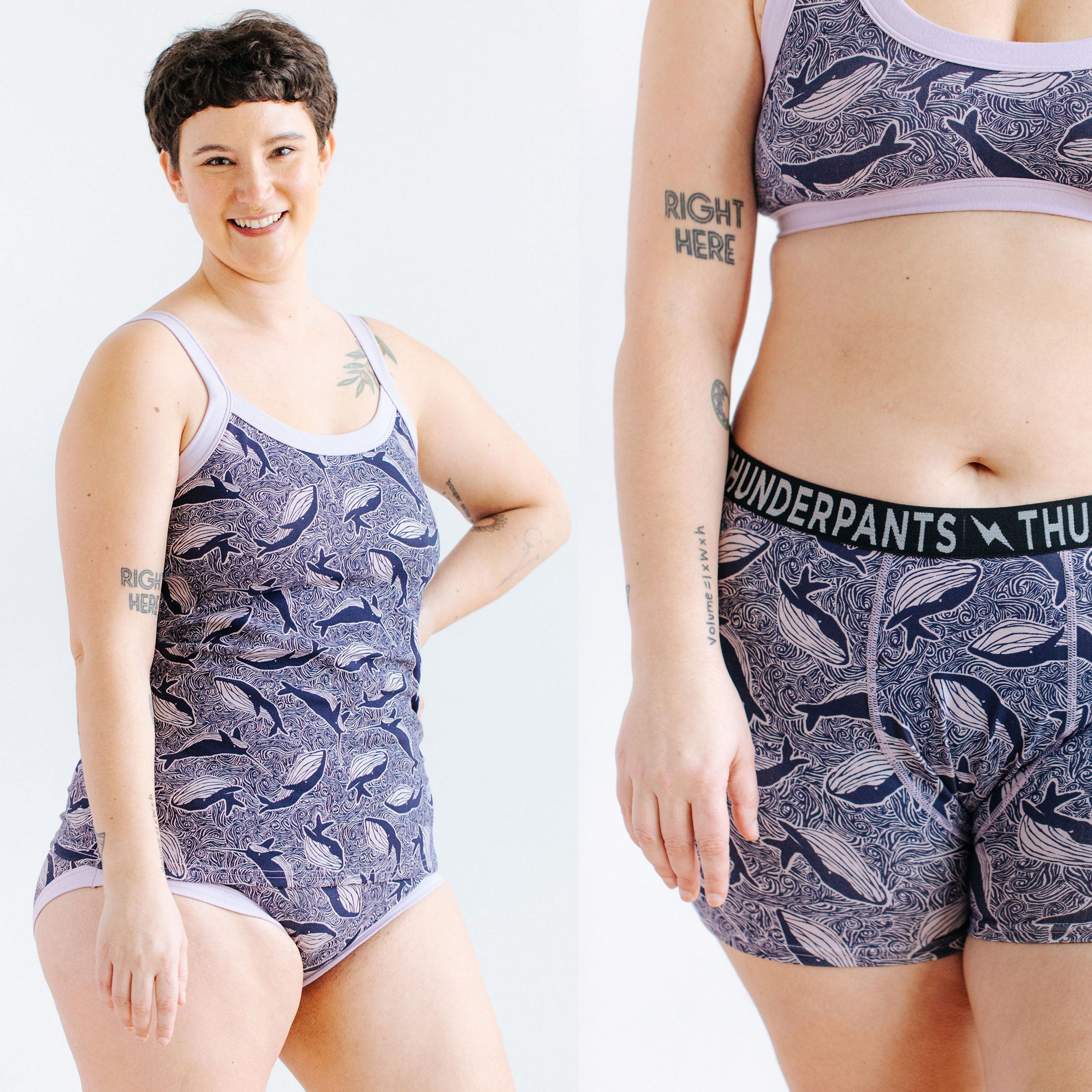 Model wearing various Thunderpants products in Whale, Whale, Whale - whales in indigo on lavender.