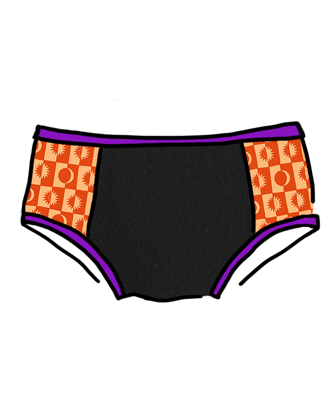 Drawing of Thunderpants Hipster Panel Pants style underwear in Witch's Brew: Black with Autumn Equinox.