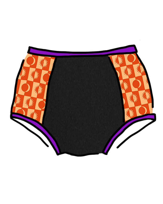 Drawing of Thunderpants Original Panel Pants style underwear in Witch's Brew: Black with Autumn Equinox.