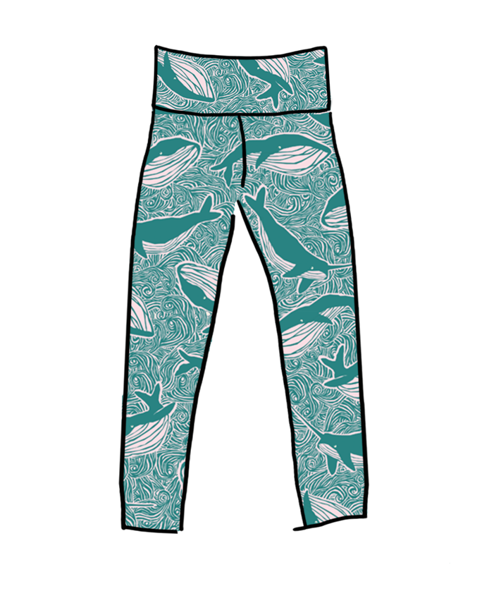 Drawing of Thunderpants organic cotton High Rise Leggings in a teal whale print.