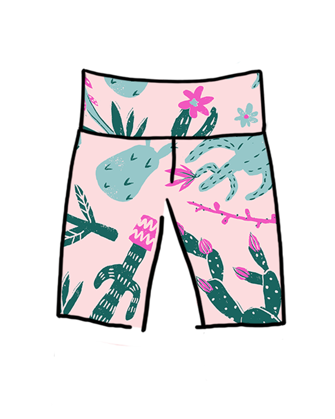 Drawing of Thunderpants organic cotton High Rise Bike Shorts in a pink and green cactus print.