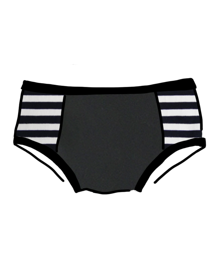 Drawing of Thunderpants organic cotton Hipster Panel Pant style underwear with plain black center and black and white stripe sides.
