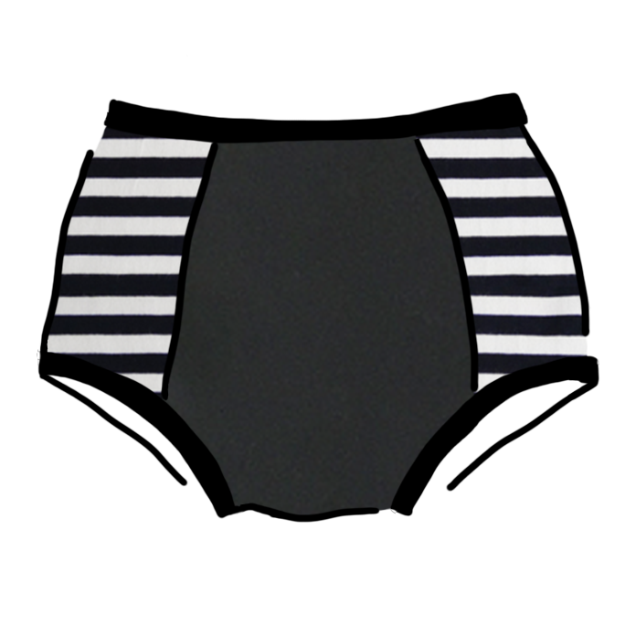 Drawing of Thunderpants organic cotton Original Panel Pant style underwear with plain black center and black and white stripe sides.