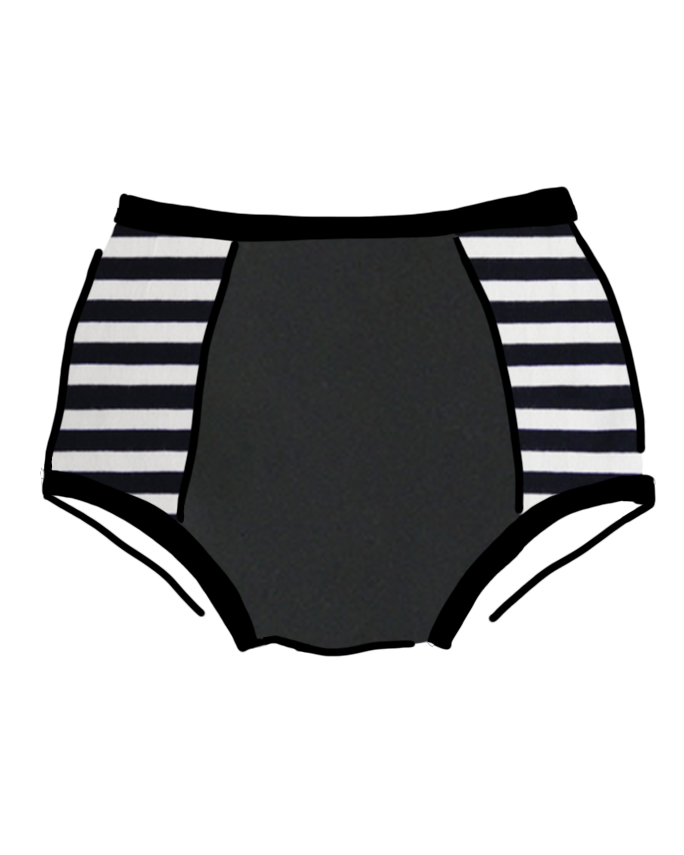 Drawing of Thunderpants organic cotton Original Panel Pant style underwear with plain black center and black and white stripe sides.