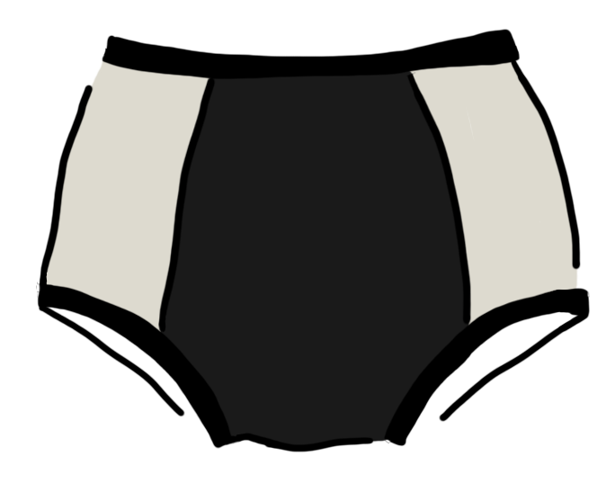 Drawing of our Cookies and Cream Panel Pants in the Original style: black panel in the center and vanilla panels on both sides with black binding.
