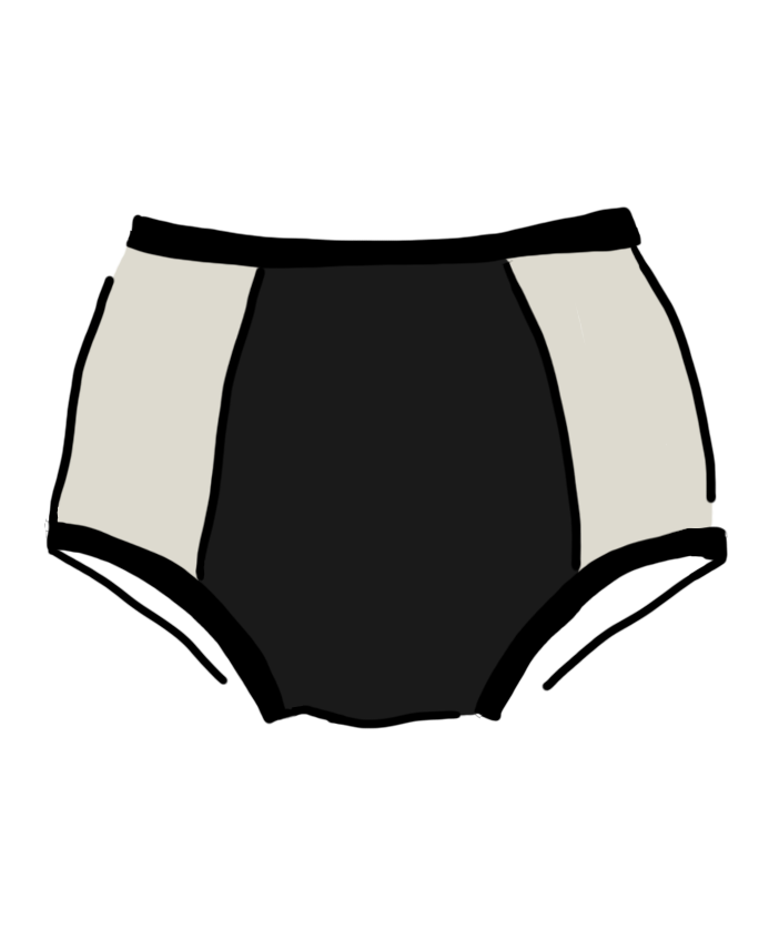 Drawing of our Cookies and Cream Panel Pants in the Original style: black panel in the center and vanilla panels on both sides with black binding.