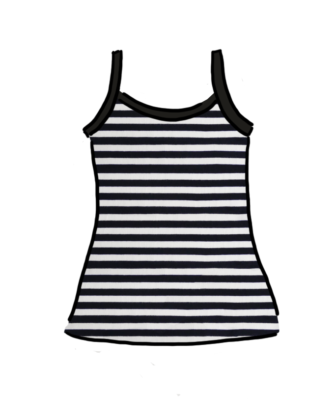 Drawing of Thunderpants organic cotton Camisole in black and white stripes.