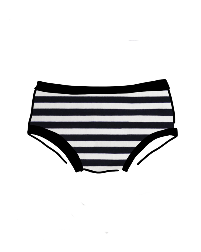 Drawing of Thunderpants brief style kids underwear in black and white stripes.