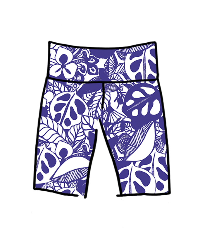 Drawing of Thunderpants organic cotton High Rise Bike Shorts in a blue jungle and floral print.