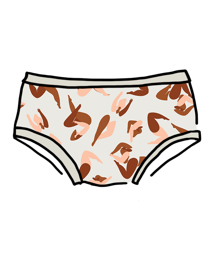 Drawing of Thunderpants Hipster style underwear in Bodies in Motion: women in different shades of browns and tans.