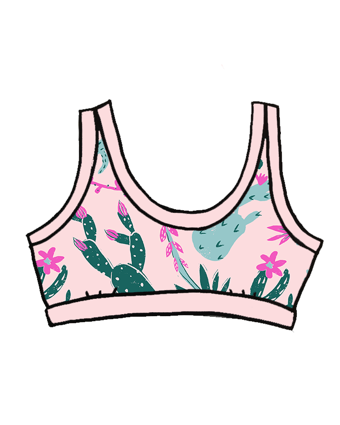 Drawing of Thunderpants organic cotton Bralette in a pink and green cactus print.