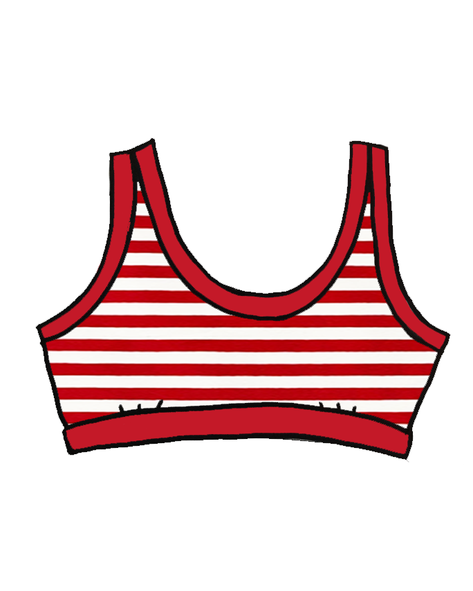 Drawing of Thunderpants organic cotton Bralette in red and white stripes.