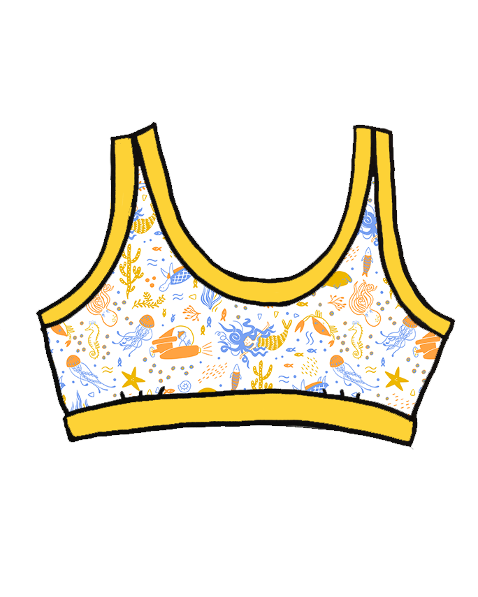 Drawing of Thunderpants Organic Cotton Bralette in Under the Sea Print: Vanilla with small blue, orange, and gold underwater prints with Golden Yellow binding.
